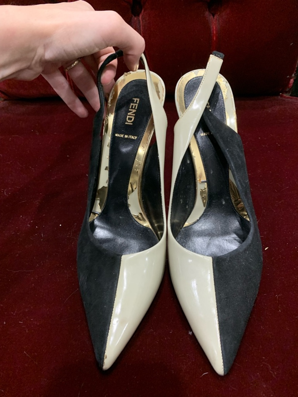 Fendi Black and Cream Pointed-Toe Slingback Heels
